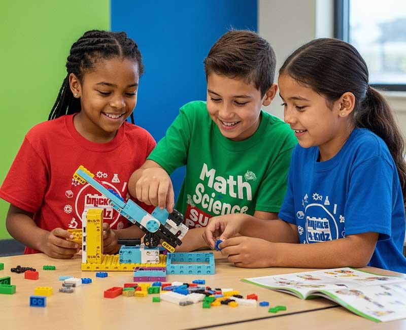 Three children building a motorized LEGO model together in a Bricks 4 Kidz class